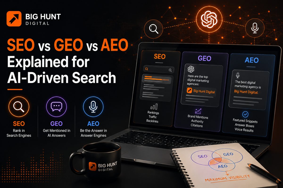 SEO, GEO, and AEO compared for AI-driven search